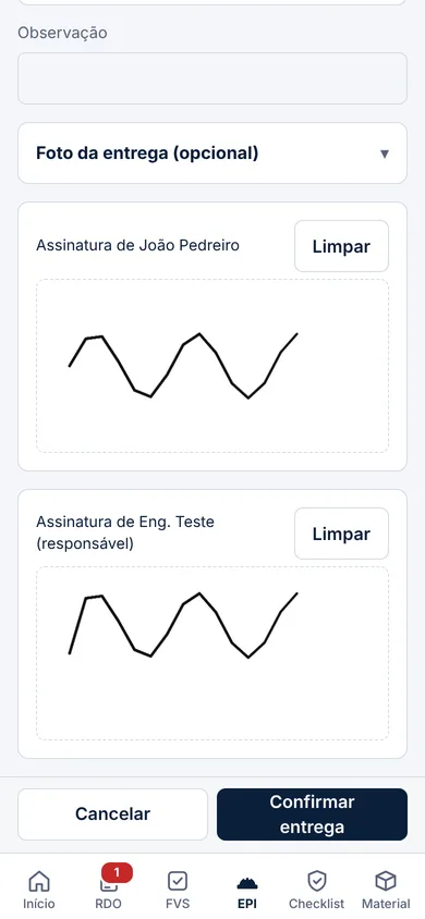 Entrega de EPI com assinatura do colaborador e do responsável