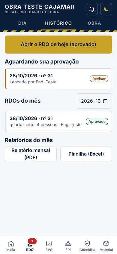 Histórico de RDOs aguardando aprovação e aprovados
