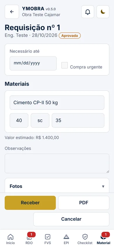 Requisição de material aprovada com itens e valor estimado
