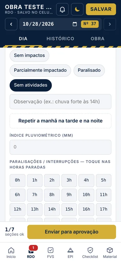 Tela do RDO no YMOBRA com clima da manhã, tarde e noite